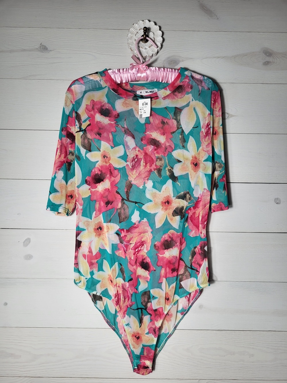 NWT Women's Bodysuit Mesh Floral Scoop Neck Spring Summer Plus Size.